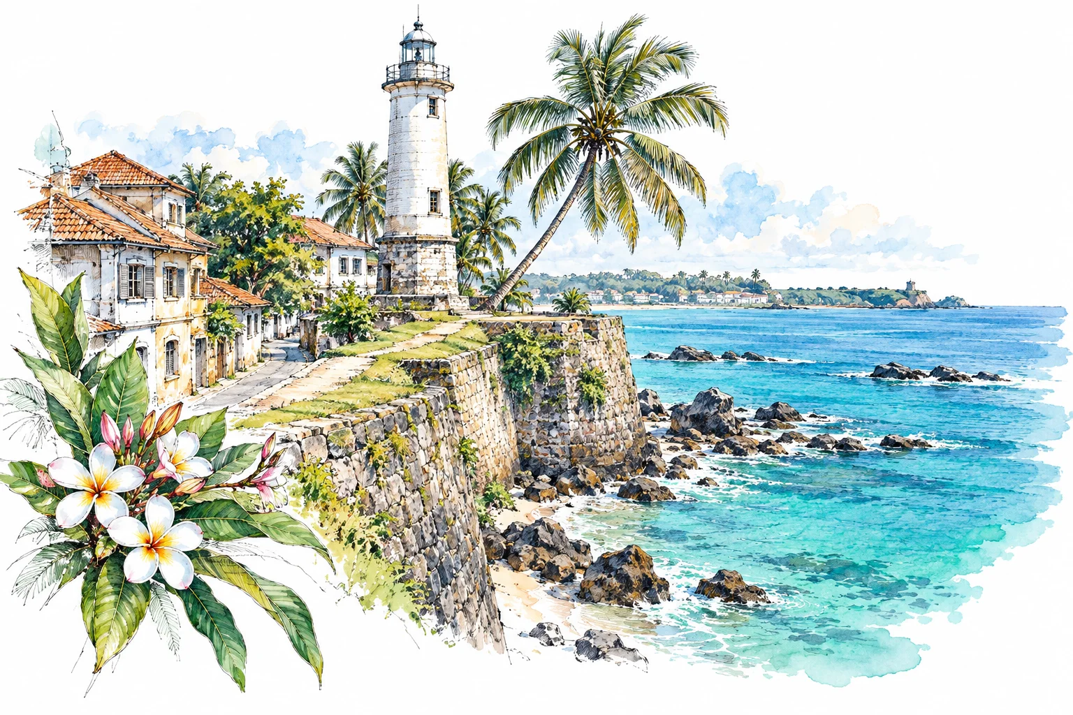 Watercolour sketch of Galle and Sri Lanka’s south coast