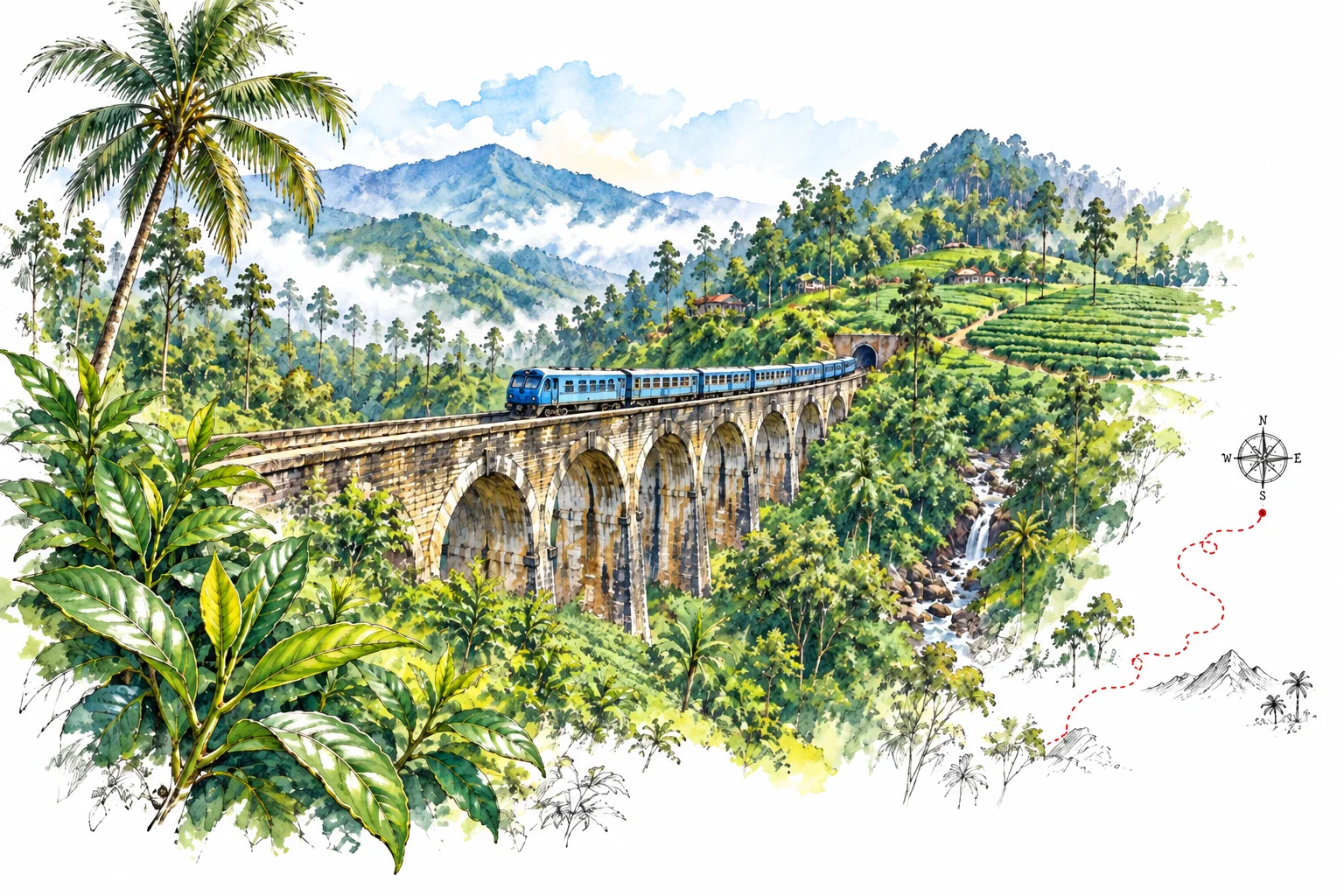 Pen-and-watercolour illustration of Sri Lanka’s Nine Arch Bridge and tea country